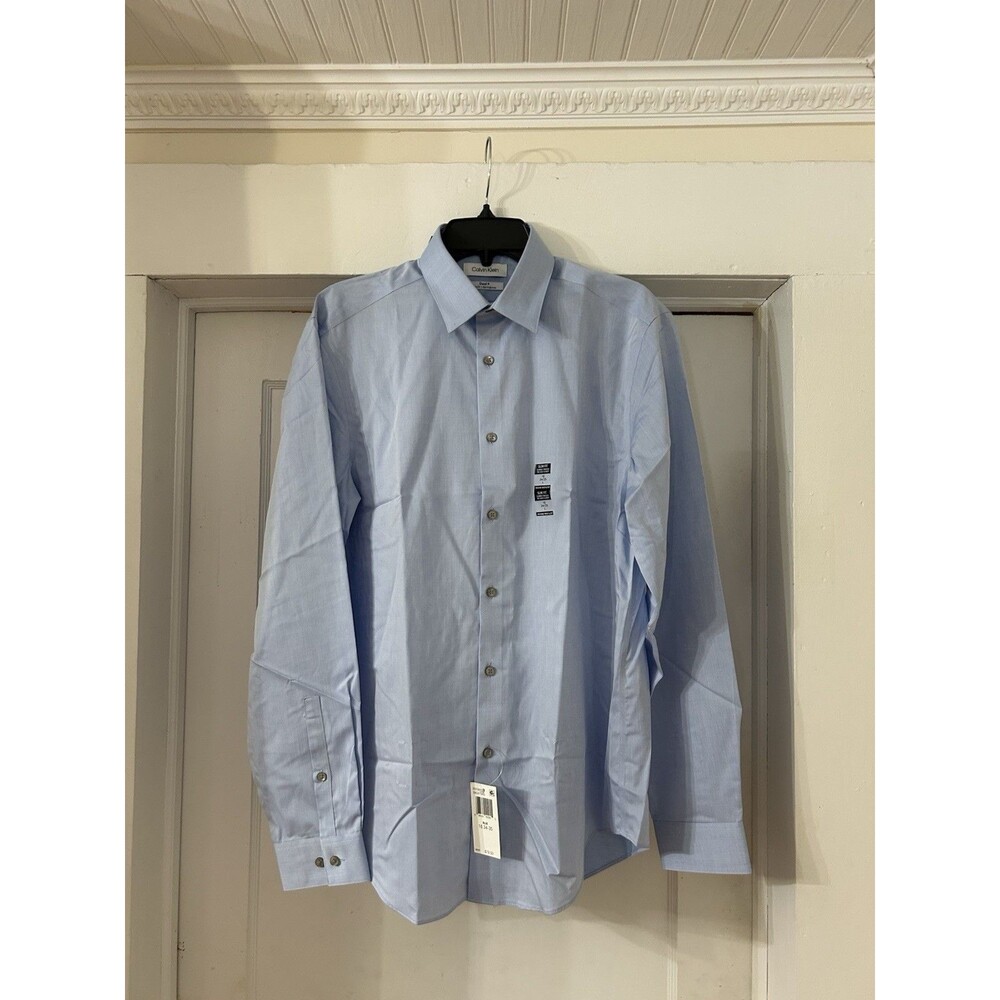 New Calvin Klein Men's 100% Cotton Dress Shirt Slim Fit Light Blue Size 16 34/35